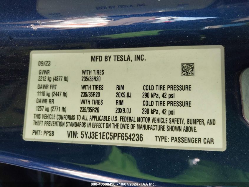 2023 Tesla Model 3 Performance Dual Motor All-Wheel Drive VIN: 5YJ3E1EC5PF654236 Lot: 40508498