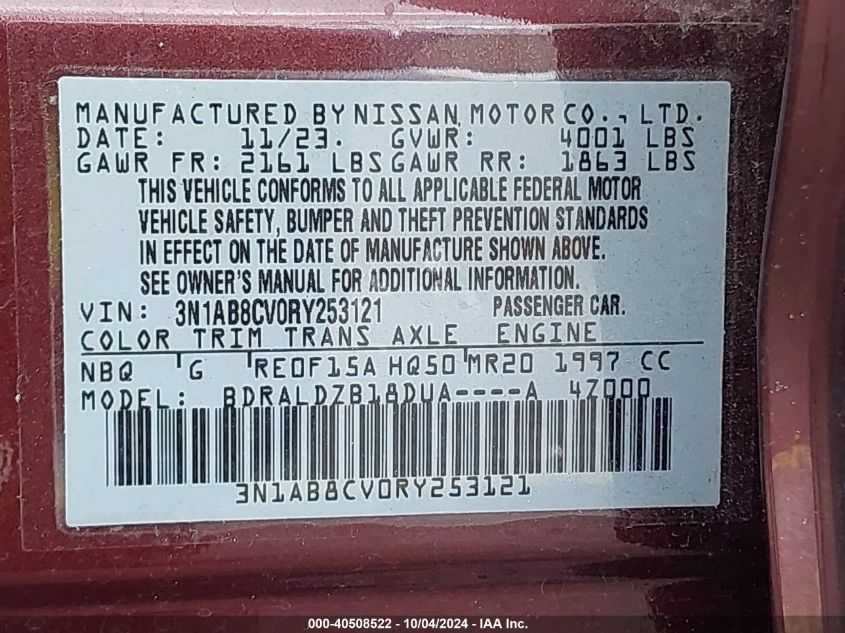 3N1AB8CV0RY253121 2024 Nissan Sentra Sv Xtronic Cvt