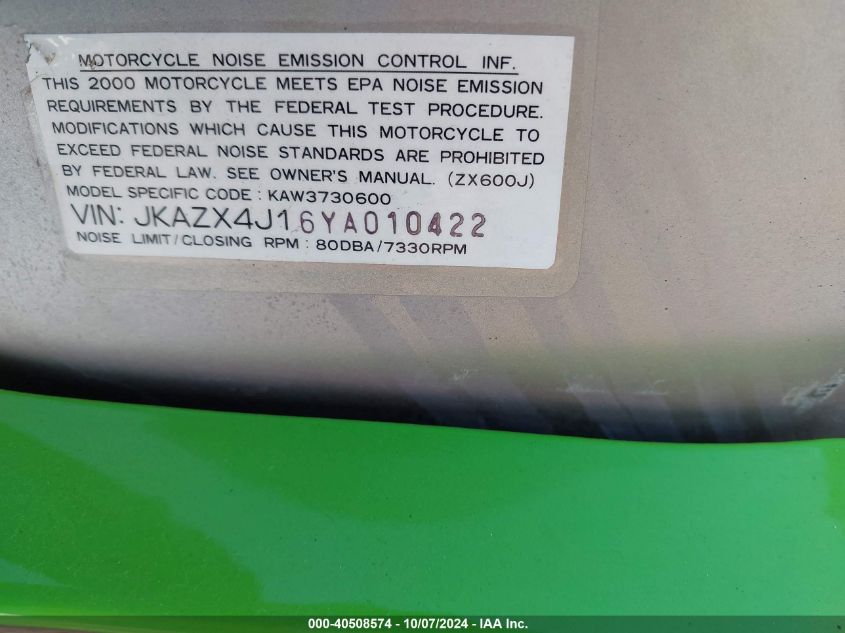 2000 Kawasaki Zx600 J1 VIN: JKAZX4J16YA010422 Lot: 40508574