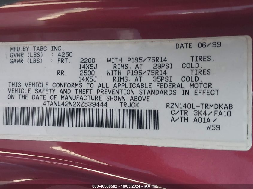 4TANL42N2XZ539444 1999 Toyota Tacoma