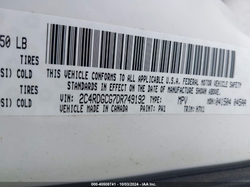 2013 Dodge Grand Caravan Sxt VIN: 2C4RDGCG7DR749192 Lot: 40508741