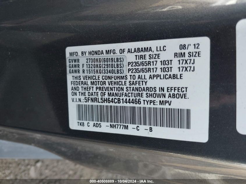 5FNRL5H64CB144466 2012 Honda Odyssey Ex-L