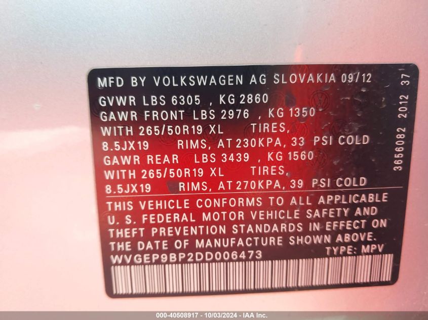 WVGEP9BP2DD006473 2013 Volkswagen Touareg Tdi Lux