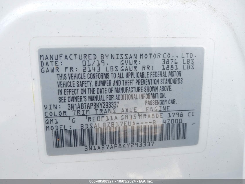 3N1AB7AP8KY293337 2019 Nissan Sentra S