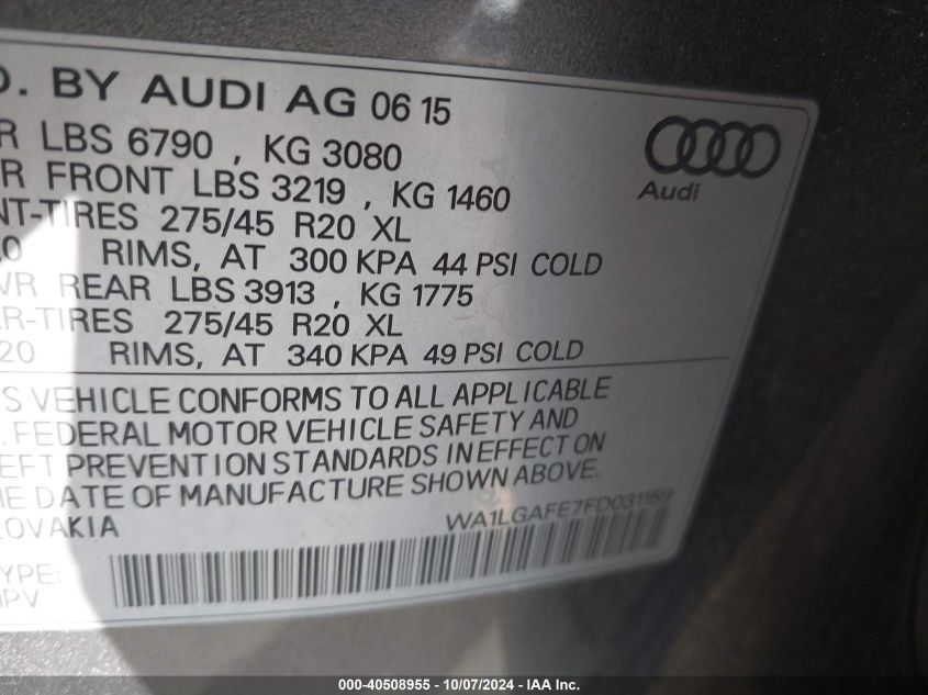 2015 Audi Q7 3.0T Premium VIN: WA1LGAFE7FD031159 Lot: 40508955