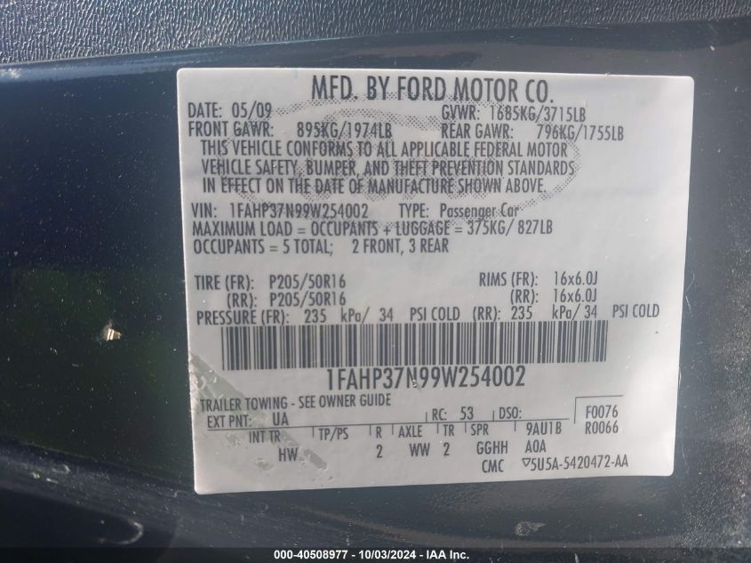 1FAHP37N99W254002 2009 Ford Focus Sel