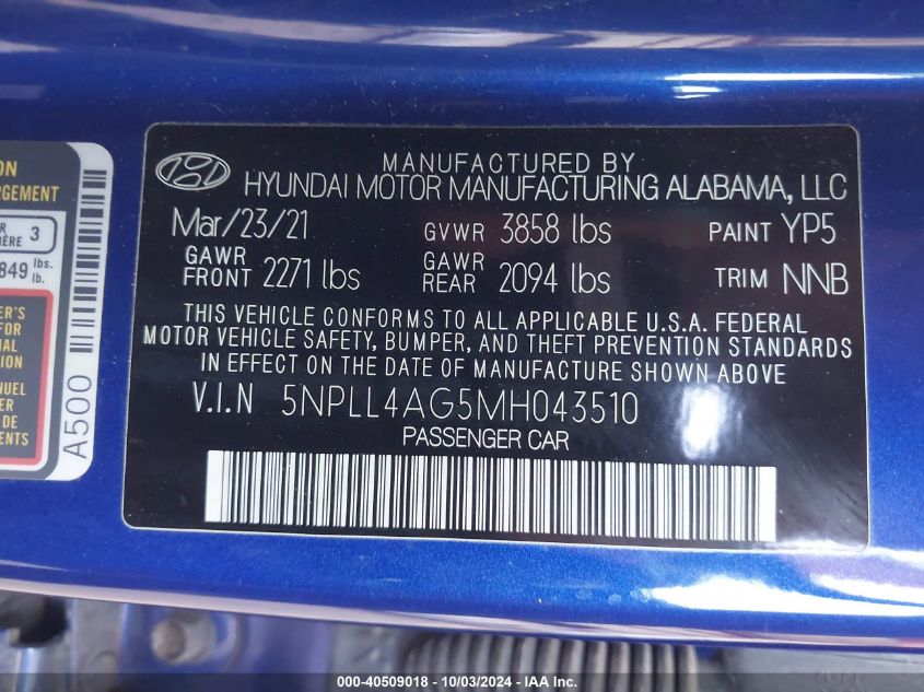 5NPLL4AG5MH043510 2021 Hyundai Elantra Se