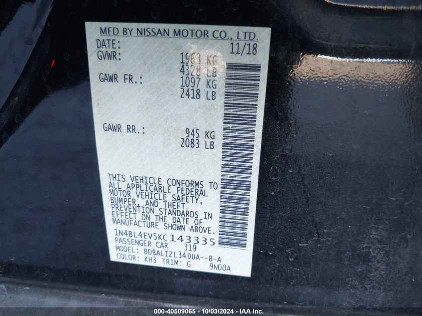 1N4BL4EV5KC143335 2019 Nissan Altima 2.5 Sl