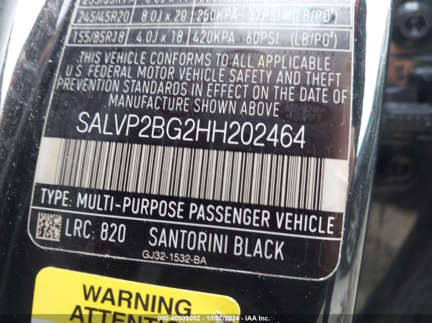 VIN SALVP2BG2HH202464 2017 LAND ROVER RANGE ROVER EVOQUE SE/SE PREMIUM