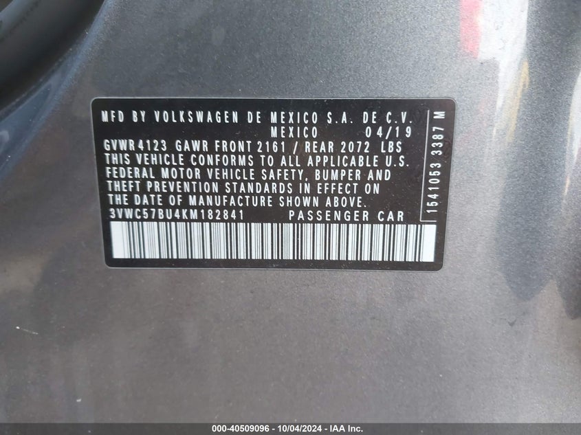 VIN 3VWC57BU4KM182841 2019 VOLKSWAGEN JETTA 1.4T R-LINE/1.4T S/1.4T SE