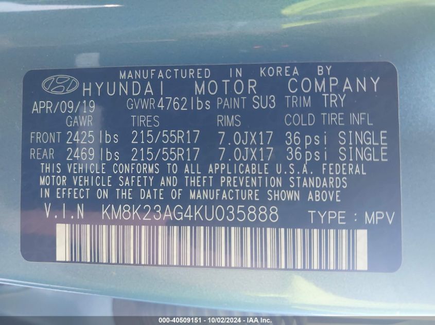 KM8K23AG4KU035888 2019 Hyundai Kona Ev Sel