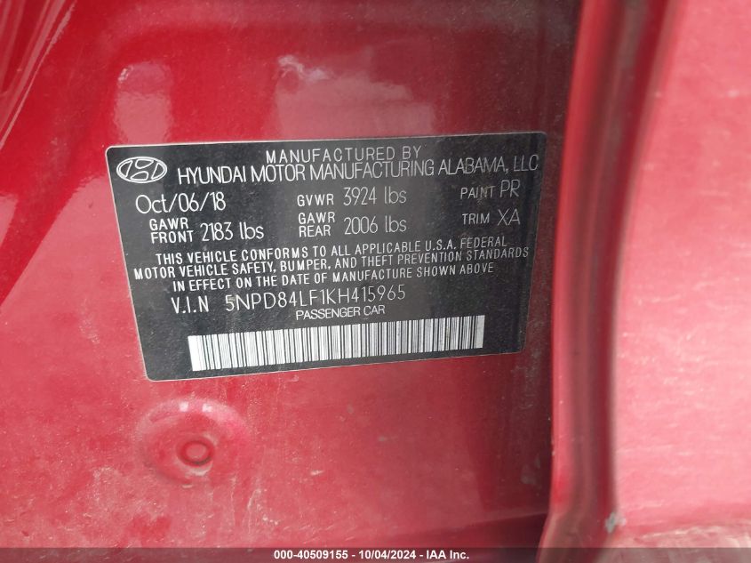 5NPD84LF1KH415965 2019 Hyundai Elantra Sel