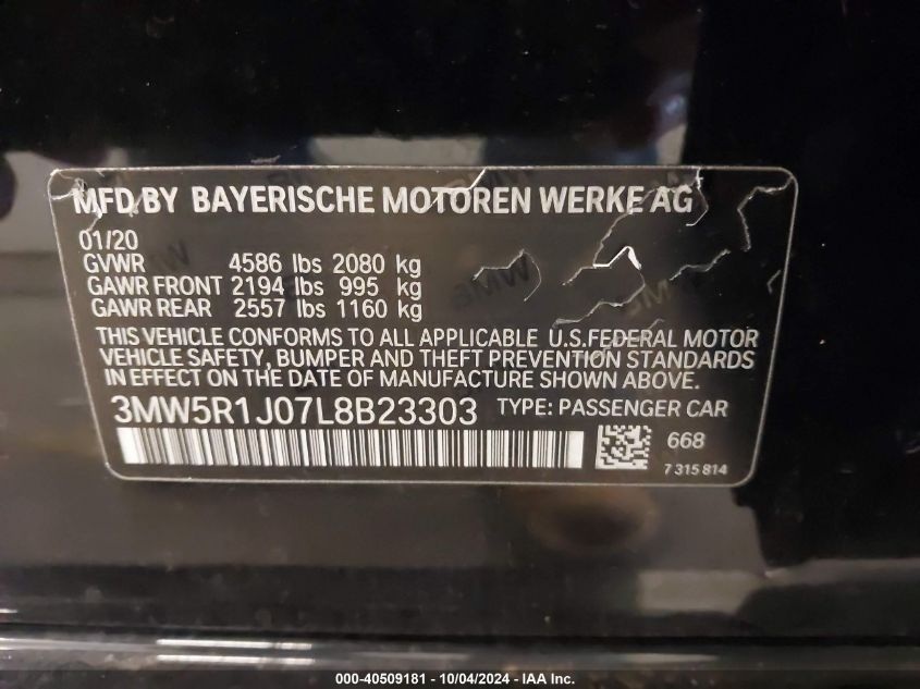 2020 BMW 330I VIN: 3MW5R1J07L8B23303 Lot: 40509181