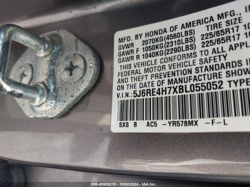 2011 Honda Cr-V Ex-L VIN: 5J6RE4H7XBL055052 Lot: 40509210