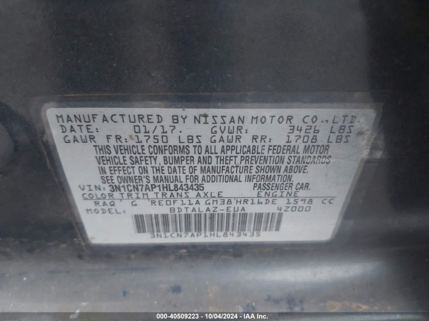 3N1CN7AP1HL843435 2017 Nissan Versa 1.6 S+