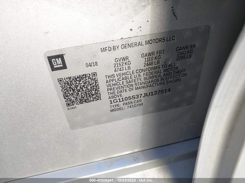 2018 CHEVROLET IMPALA VIN: 1G1105S37JU137514