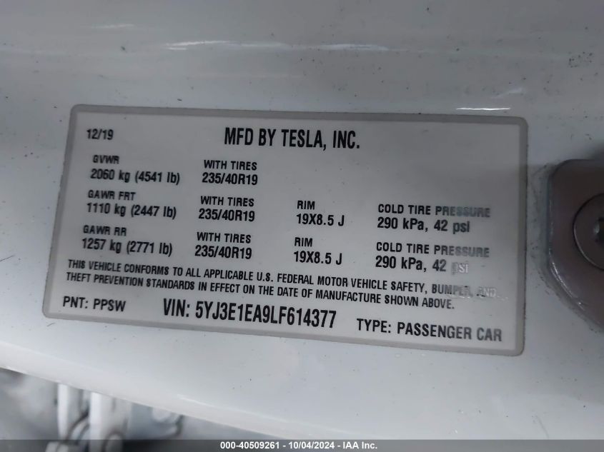 2020 Tesla Model 3 Standard Range Plus Rear-Wheel Drive/Standard Range Rear-Wheel Drive VIN: 5YJ3E1EA9LF614377 Lot: 40509261