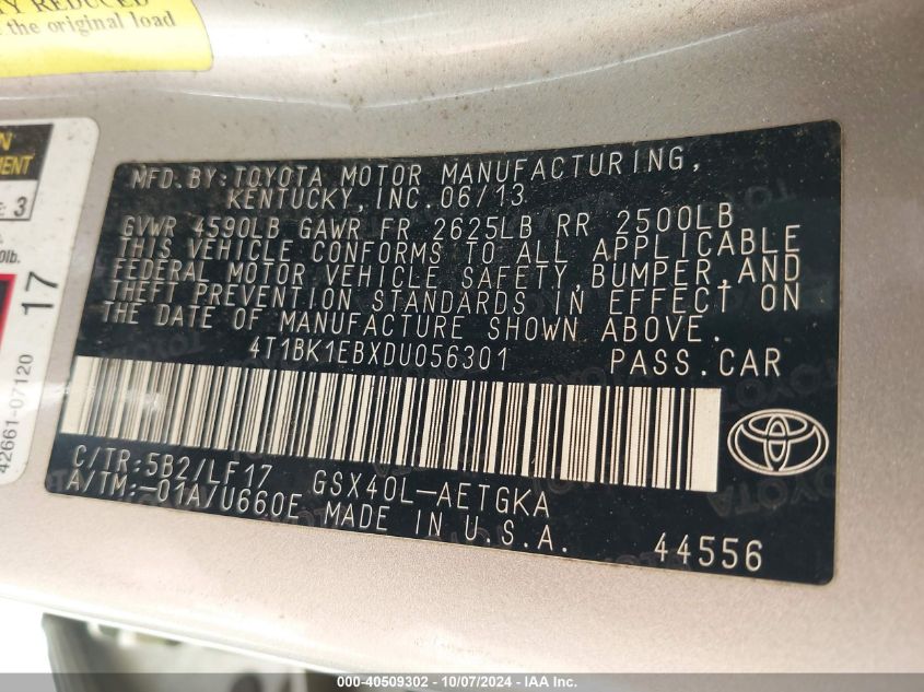 4T1DK1EBXDU056301 2013 Toyota Avalon