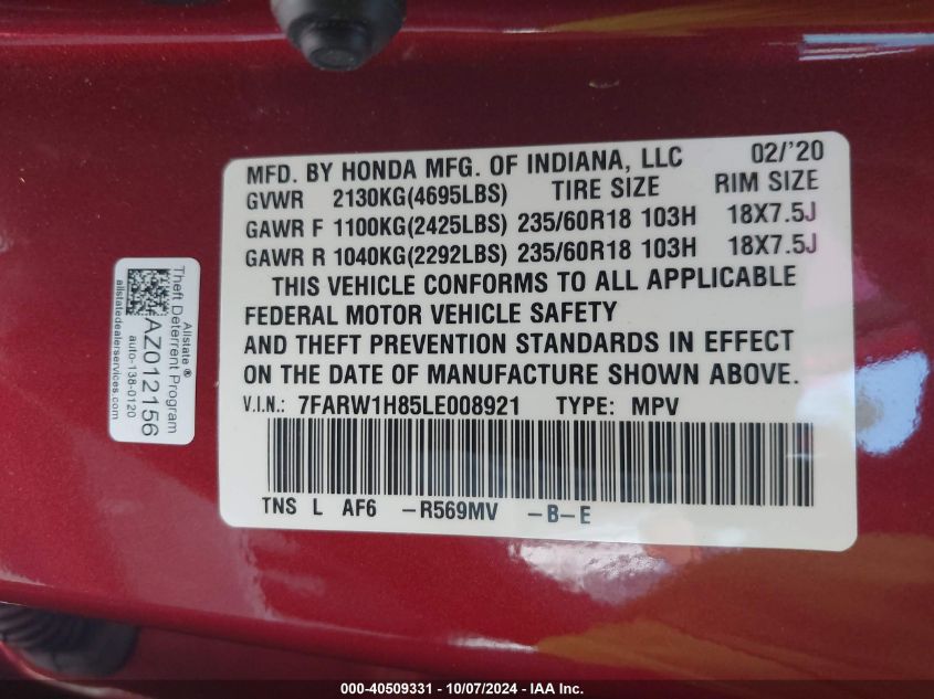 2020 Honda Cr-V Exl VIN: 7FARW1H85LE008921 Lot: 40509331