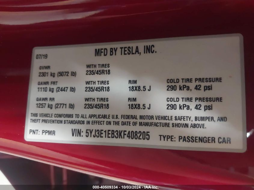 2019 Tesla Model 3 VIN: 5YJ3E1EB3KF408205 Lot: 40509334