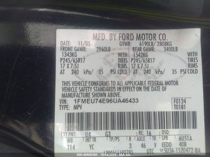 1FMEU74E96UA46433 2006 Ford Explorer Eddie Bauer