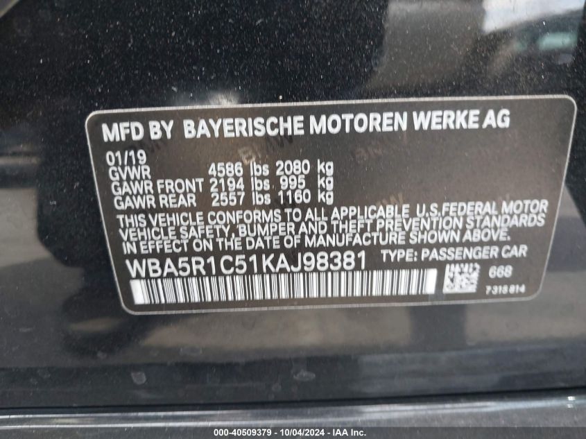 2019 BMW 330I VIN: WBA5R1C51KAJ98381 Lot: 40509379