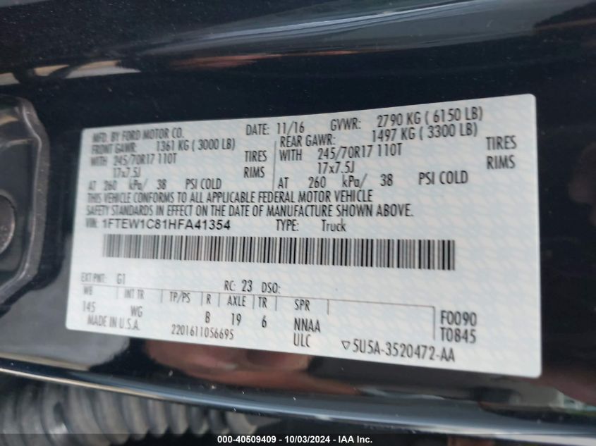 VIN 1FTEW1C81HFA41354 2017 FORD F-150 XL