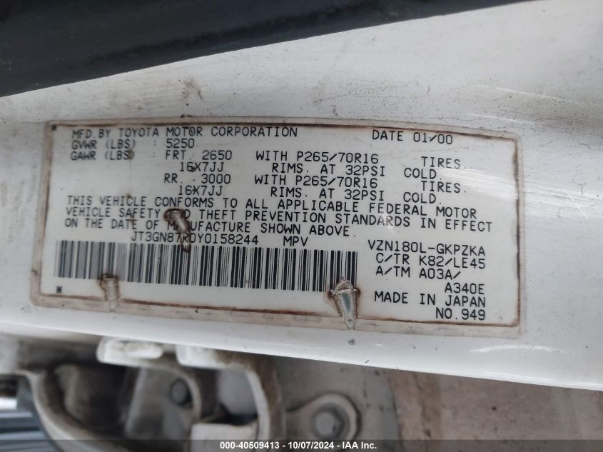 JT3GN87R0Y0158244 2000 Toyota 4Runner Limited