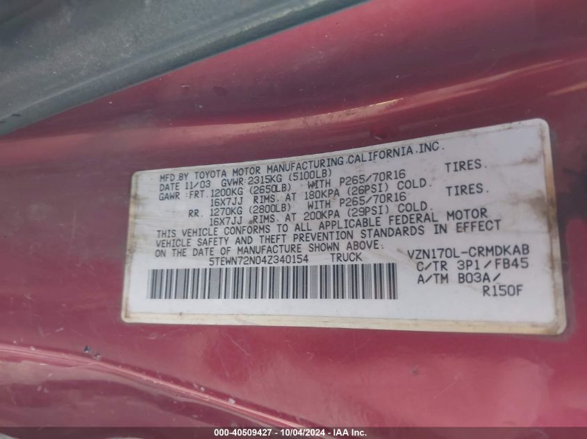 5TEWN72N04Z340154 2004 Toyota Tacoma Base V6