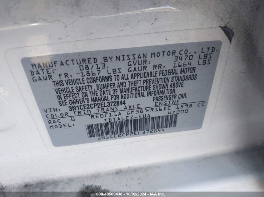 3N1CE2CP2EL372844 2014 Nissan Versa Note Sv