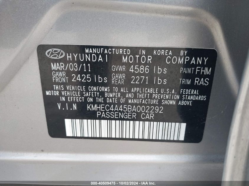 2011 Hyundai Sonata Hybrid VIN: KMHEC4A45BA002292 Lot: 40509475