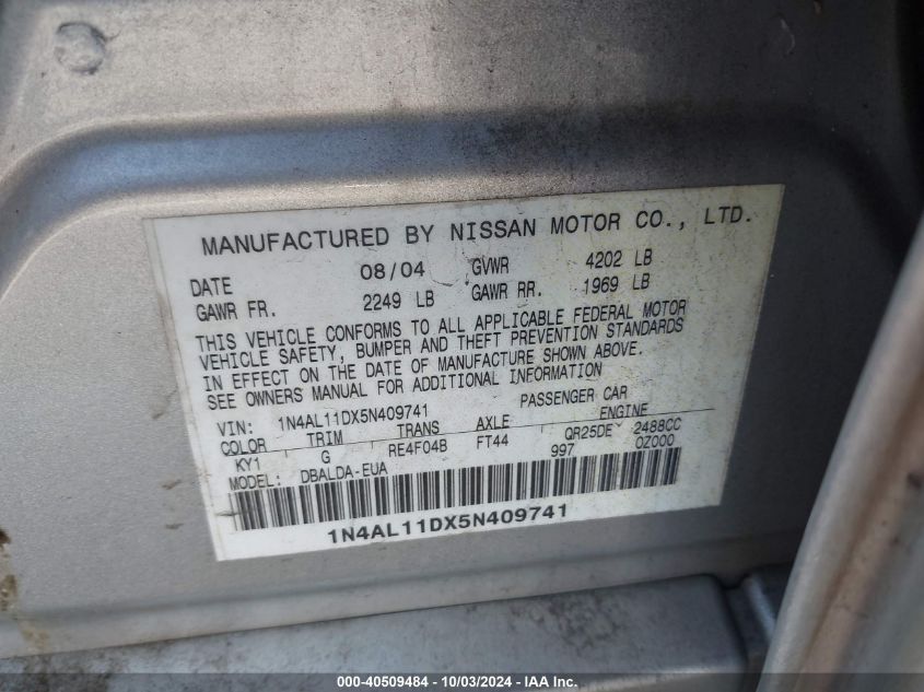 1N4AL11DX5N409741 2005 Nissan Altima 2.5 S