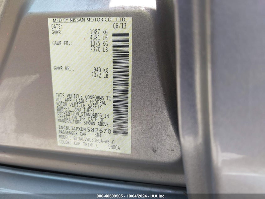 1N4BL3APXDN582670 2013 Nissan Altima 3.5 Sl