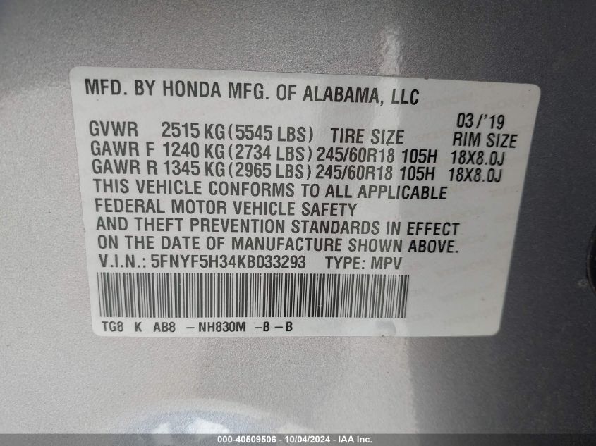 5FNYF5H34KB033293 2019 Honda Pilot Ex