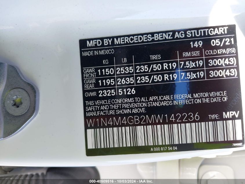 W1N4M4GB2MW142236 2021 Mercedes-Benz Glb 250