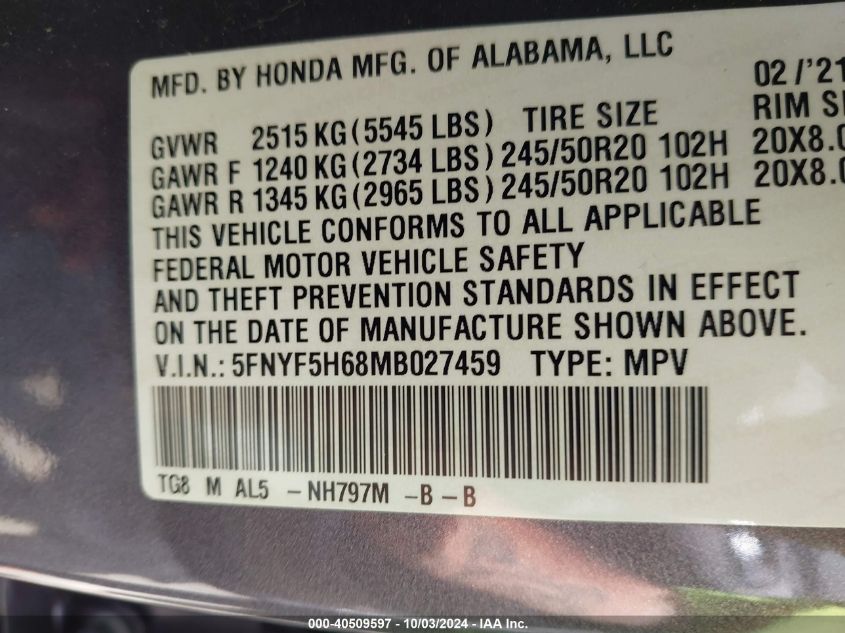 5FNYF5H68MB027459 2021 Honda Pilot 2Wd Touring 7 Passenger