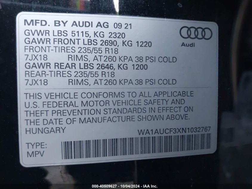 WA1AUCF3XN1032767 2022 Audi Q3 Premium 40 Tfsi Quattro Tiptronic