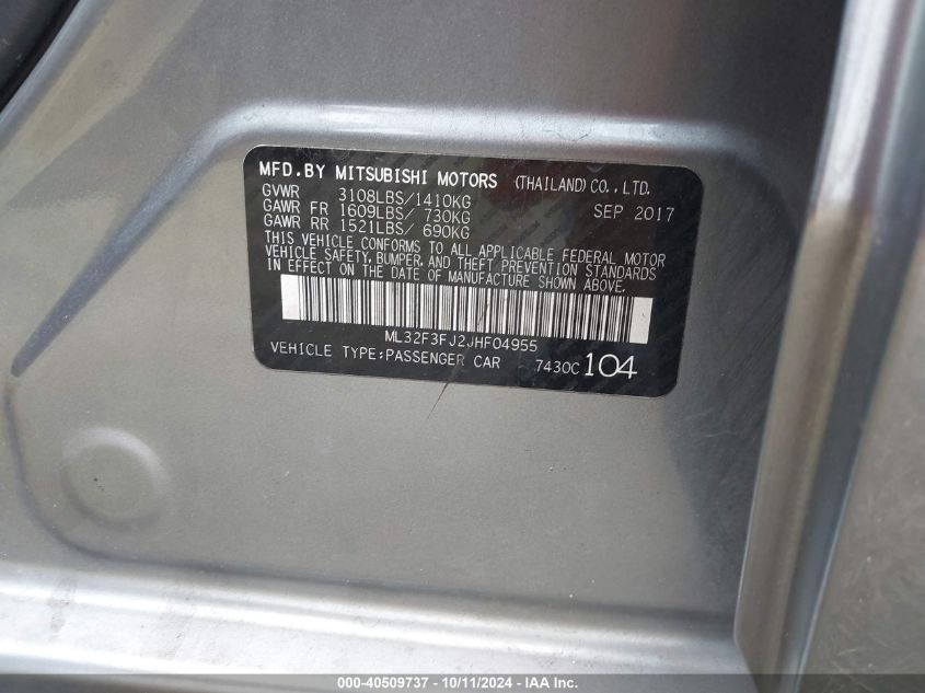 VIN ML32F3FJ2JHF04955 2018 Mitsubishi Mirage, G4 ES no.9