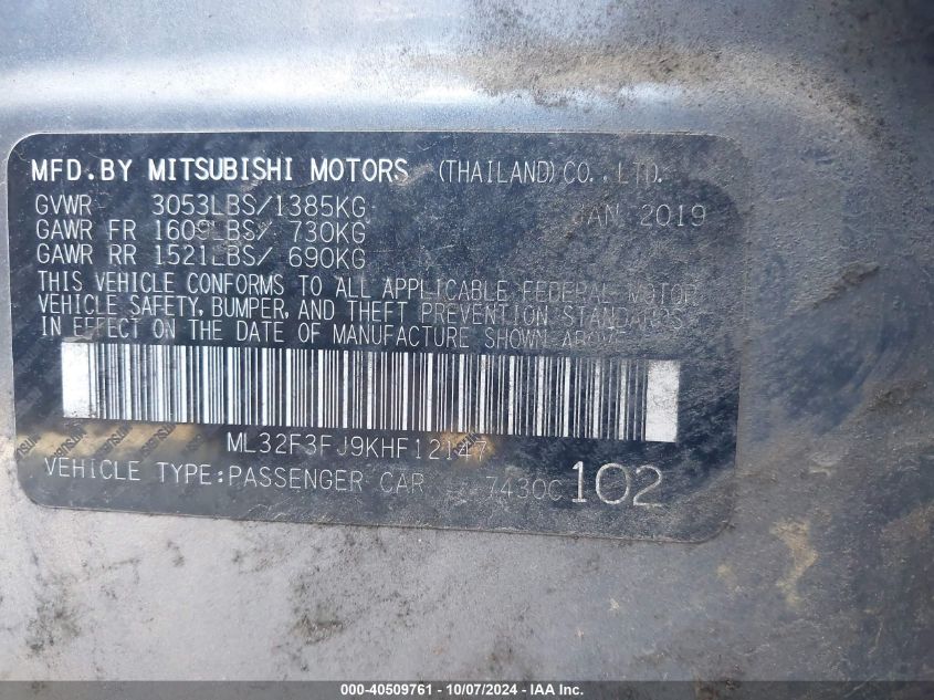 ML32F3FJ9KHF12147 2019 Mitsubishi Mirage G4 Es/Rf