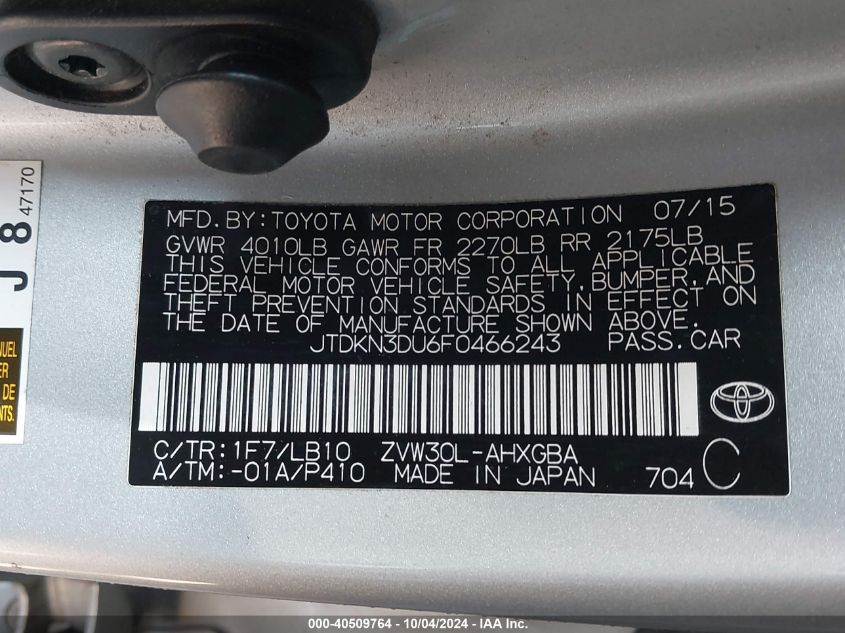 2015 Toyota Prius VIN: JTDKN3DU6F0466243 Lot: 40509764