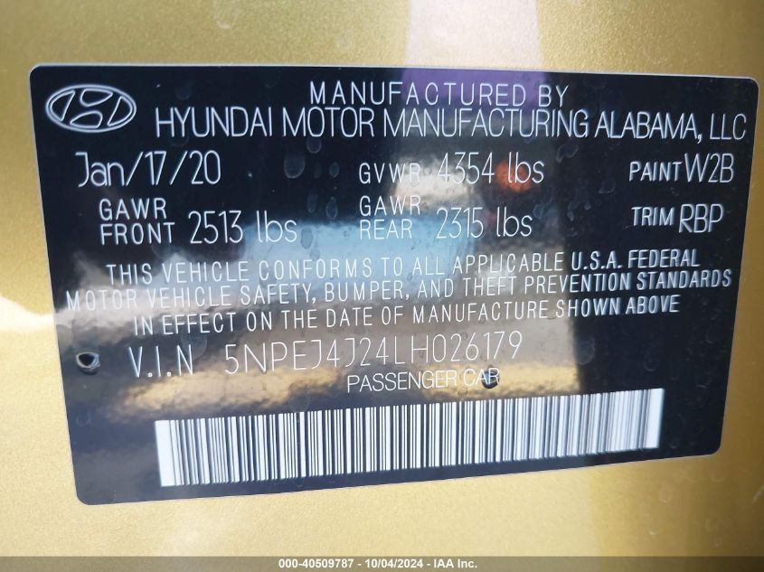 5NPEJ4J24LH026179 2020 Hyundai Sonata Sel Plus