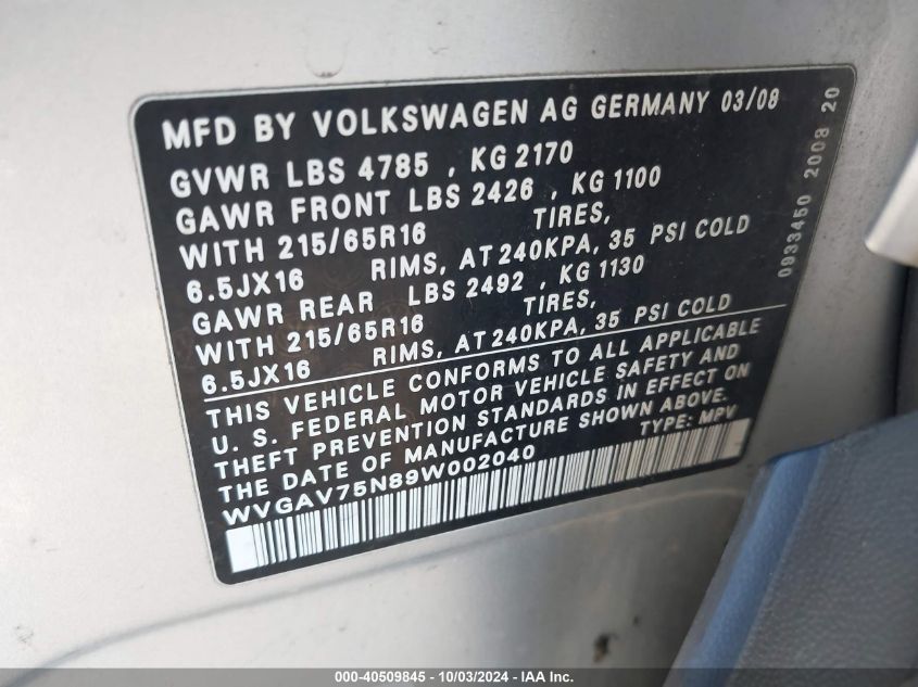 WVGAV75N89W002040 2009 Volkswagen Tiguan S/Se/Sel