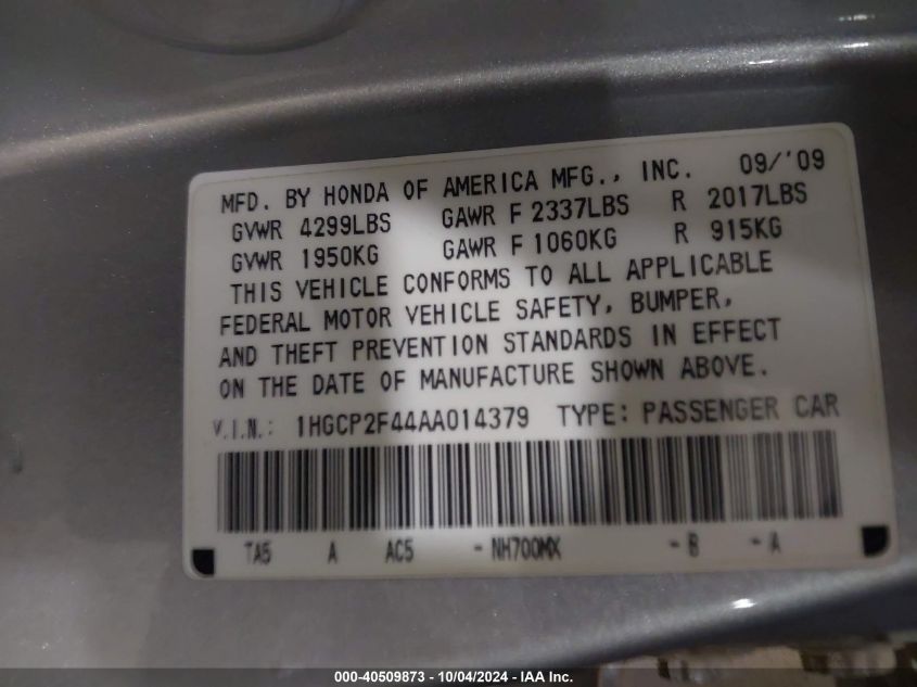 1HGCP2F44AA014379 2010 Honda Accord 2.4 Lx-P