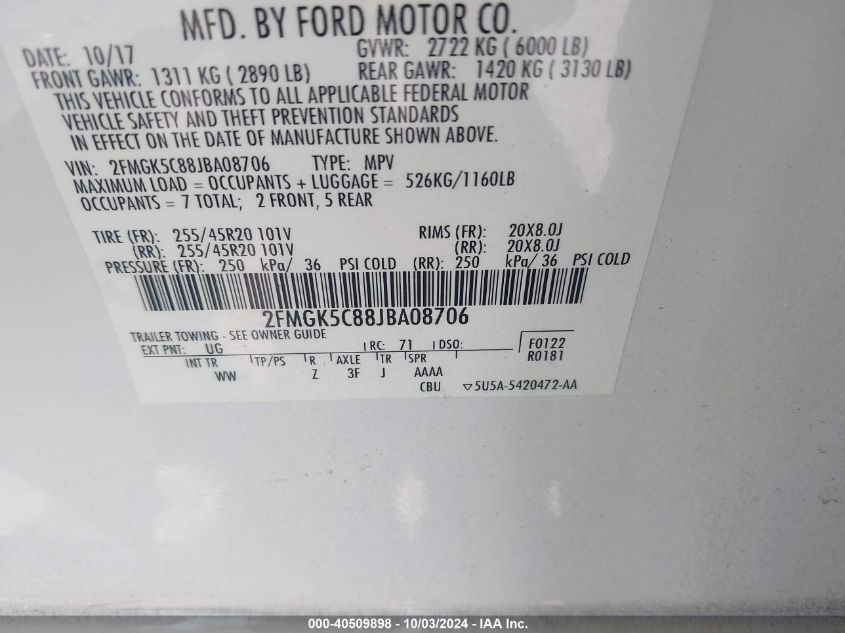 2FMGK5C88JBA08706 2018 Ford Flex Sel