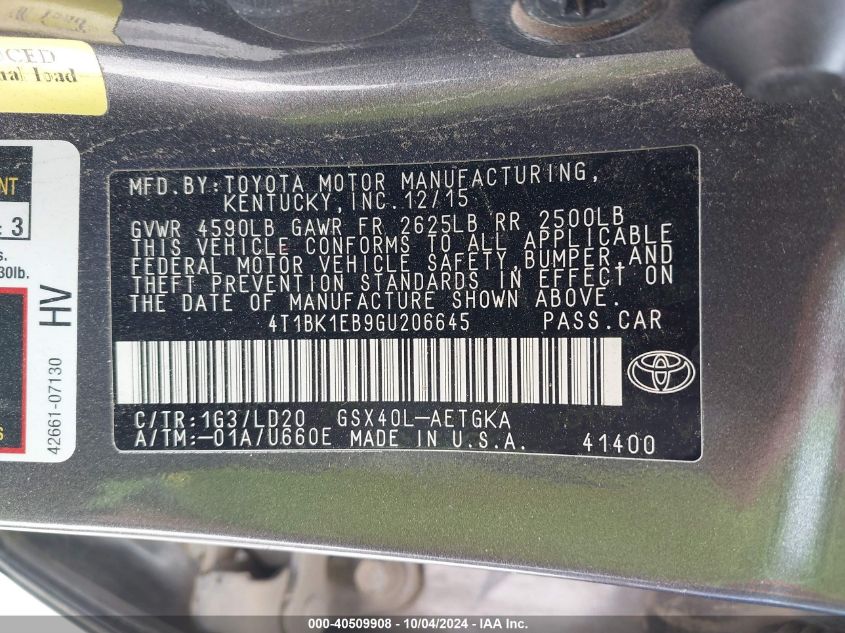 4T1BK1EB9GU206645 2016 Toyota Avalon Xle