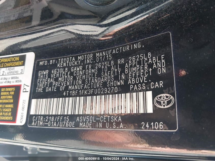 4T1BF1FK3FU029270 2015 Toyota Camry Se