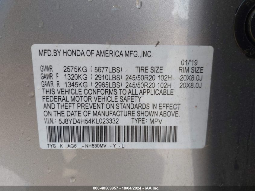 5J8YD4H54KL023332 2019 Acura Mdx Tech Pkg