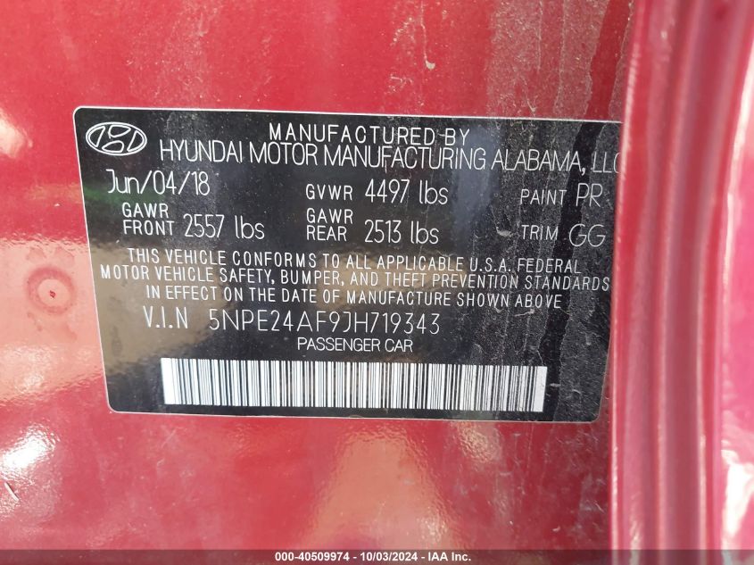 5NPE24AF9JH719343 2018 Hyundai Sonata Se