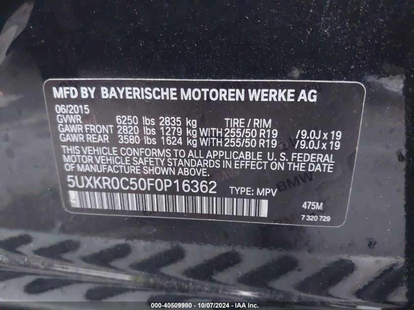 2015 BMW X5 xDrive35I VIN: 5UXKR0C50F0P16362 Lot: 40509980