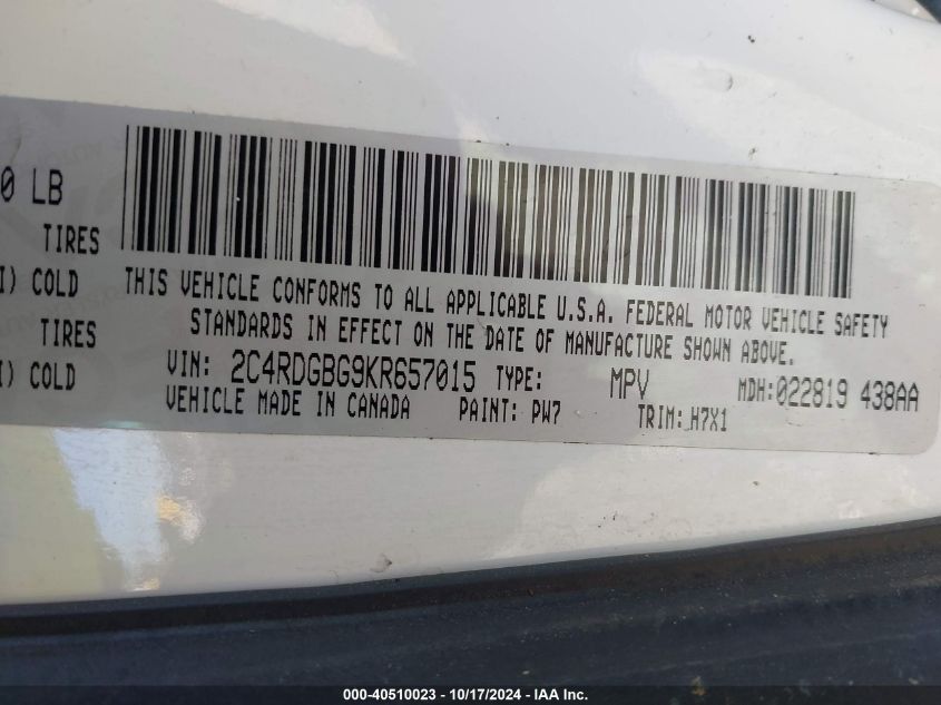 2019 Dodge Grand Caravan Se VIN: 2C4RDGBG9KR657015 Lot: 40510023